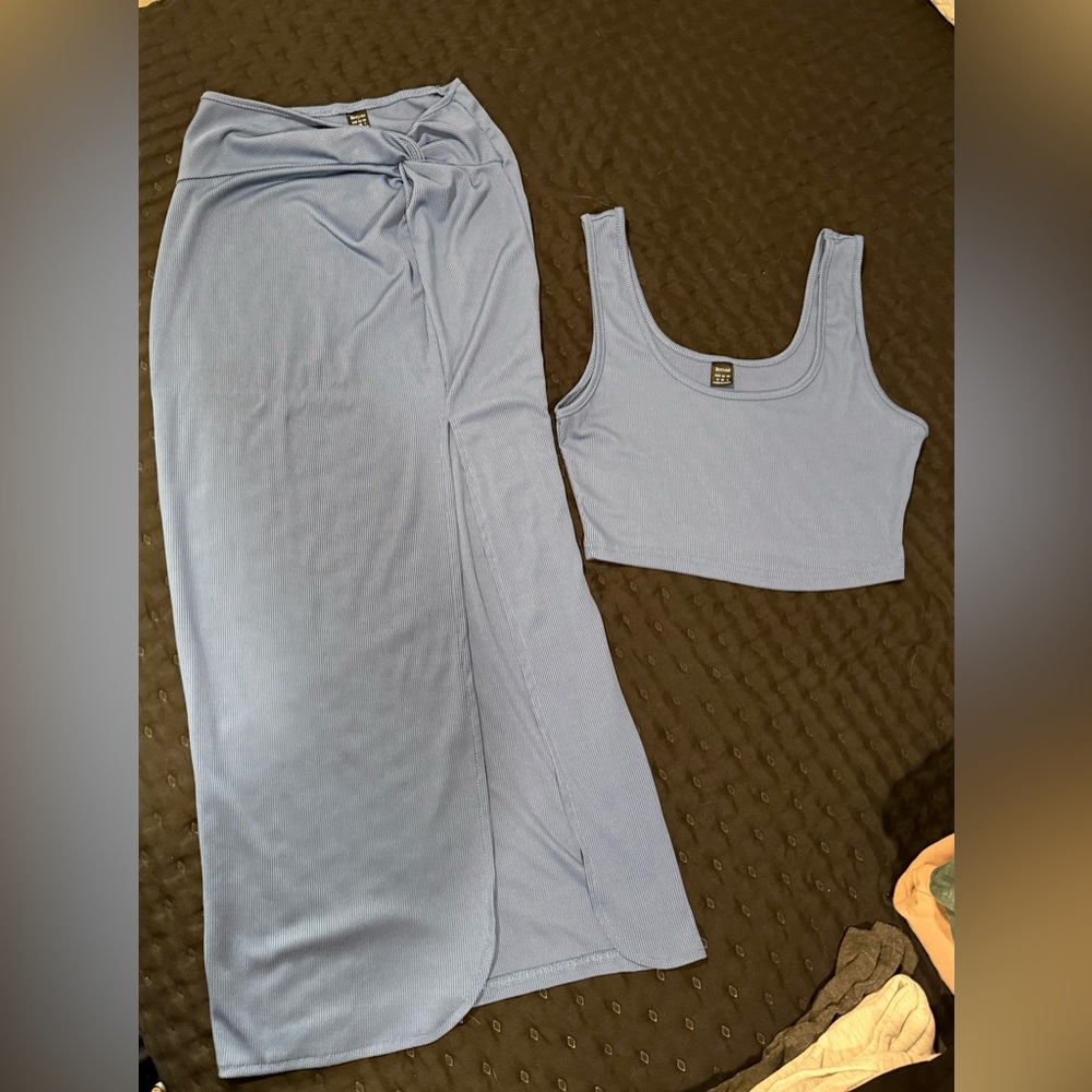 Stylish Blue Two-Piece Skirt Set
